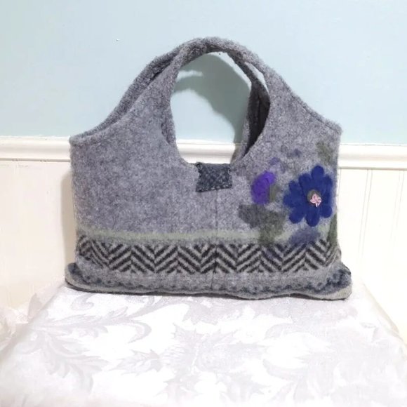 Handmade Gray Purple Felted WOOL Beaded Embroidered Small Hand Bag Tote Purse - Picture 2 of 12